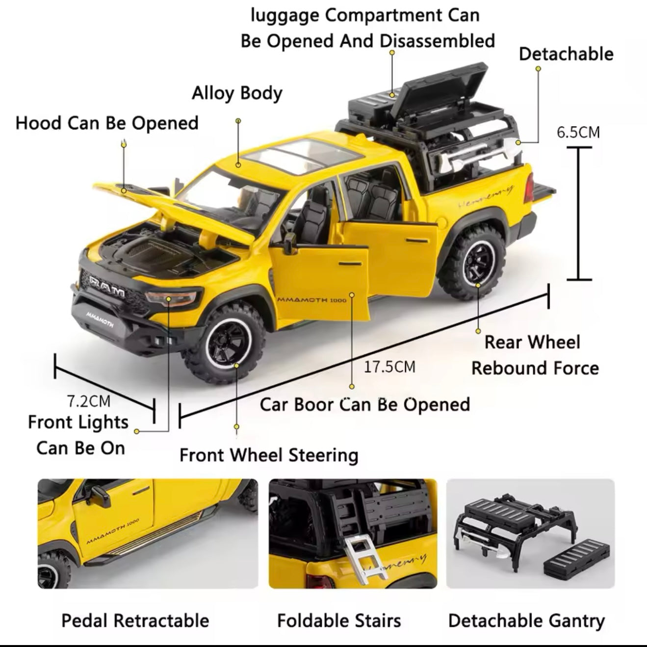 Dodge RAM MAMMOTH Pickup Toy Car Model Metal Diecast 1/32 (YELLOW)